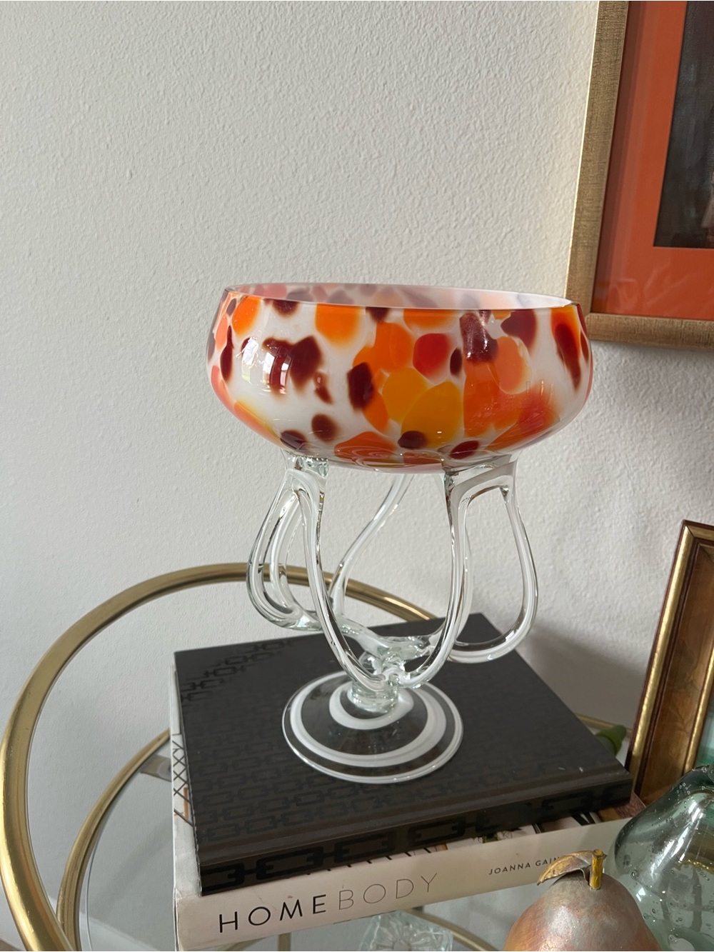 Jozefina Kronos Vintage Hand -Blown Orange and White Octopus Glass  Bowl